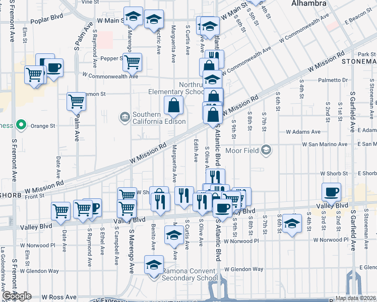 map of restaurants, bars, coffee shops, grocery stores, and more near 800 Curtis Lane in Alhambra