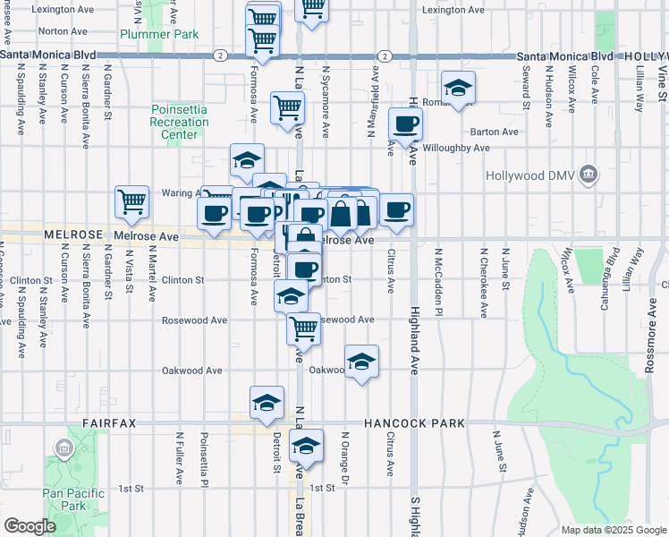 map of restaurants, bars, coffee shops, grocery stores, and more near 612 North Sycamore Avenue in Los Angeles