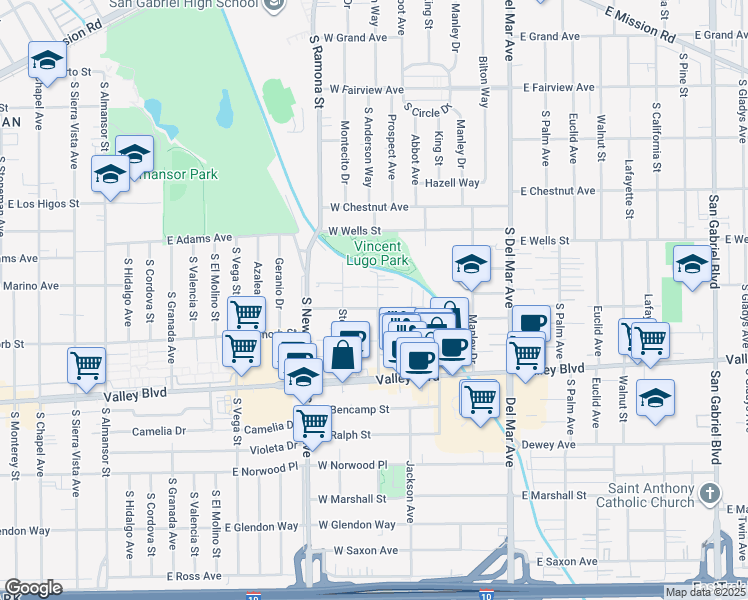 map of restaurants, bars, coffee shops, grocery stores, and more near 1315 Prospect Avenue in San Gabriel