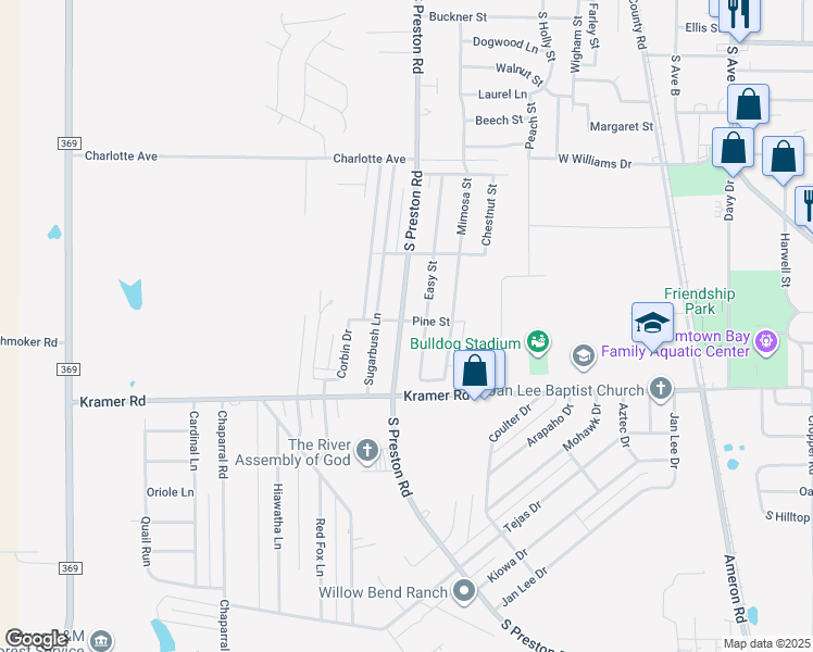 map of restaurants, bars, coffee shops, grocery stores, and more near 1001 South Preston Road in Burkburnett