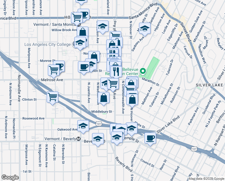 map of restaurants, bars, coffee shops, grocery stores, and more near in Los Angeles