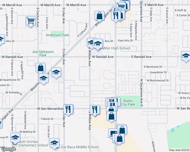 map of restaurants, bars, coffee shops, grocery stores, and more near 1020 South Alice Avenue in Rialto