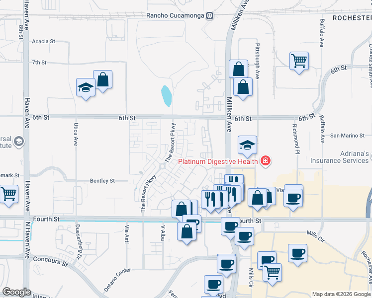 map of restaurants, bars, coffee shops, grocery stores, and more near 9439 Retreat Place in Rancho Cucamonga