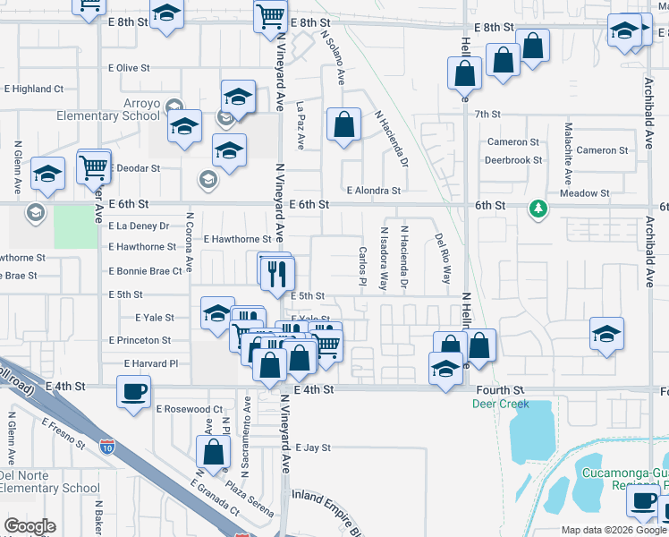 map of restaurants, bars, coffee shops, grocery stores, and more near 2015 East Mulberry Court in Ontario