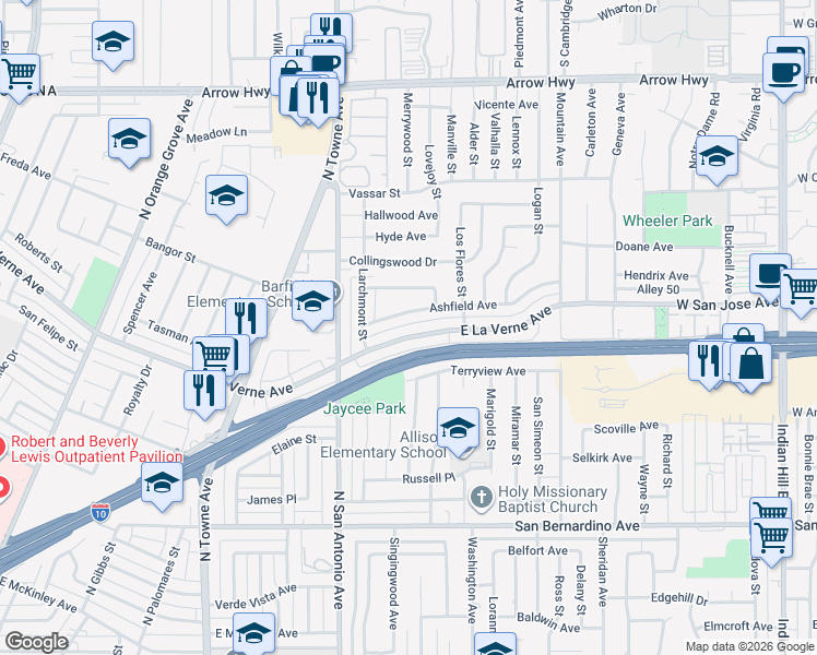 map of restaurants, bars, coffee shops, grocery stores, and more near 937 Ashfield Avenue in Pomona