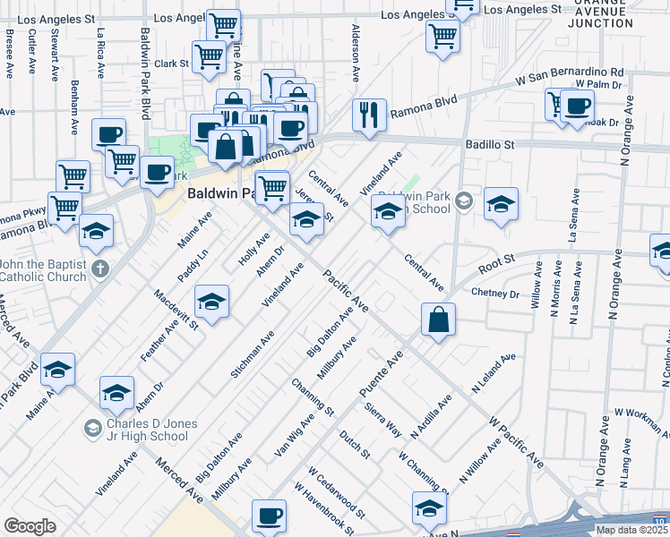 map of restaurants, bars, coffee shops, grocery stores, and more near 3828 Stichman Avenue in Baldwin Park