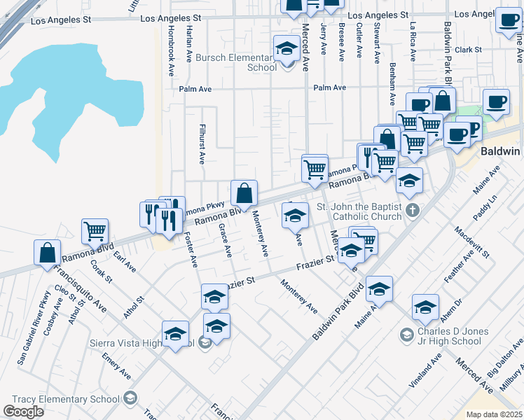 map of restaurants, bars, coffee shops, grocery stores, and more near 13644 Ramona Parkway in Baldwin Park