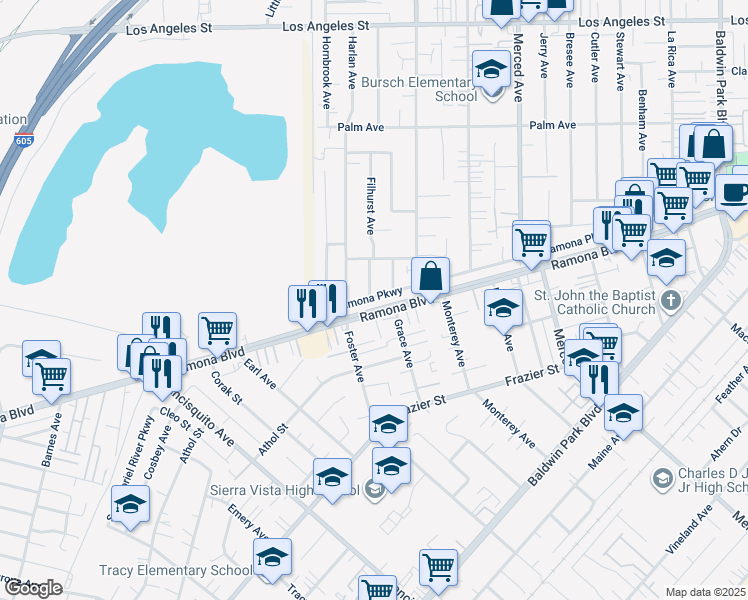 map of restaurants, bars, coffee shops, grocery stores, and more near 3918 Filhurst Avenue in Baldwin Park