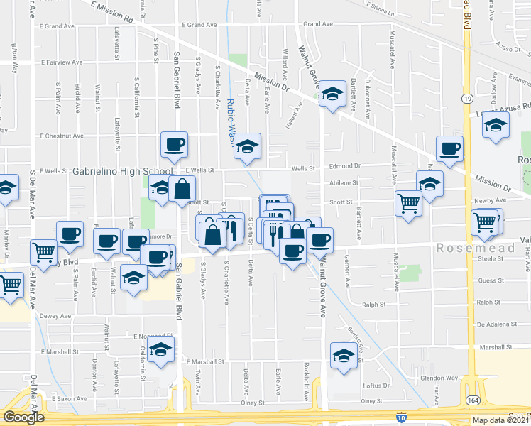 map of restaurants, bars, coffee shops, grocery stores, and more near 1400 South Delta Street in San Gabriel