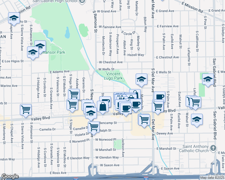 map of restaurants, bars, coffee shops, grocery stores, and more near 1315 Prospect Avenue in San Gabriel