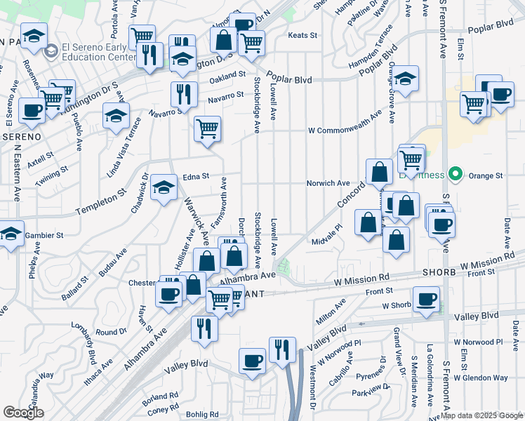 map of restaurants, bars, coffee shops, grocery stores, and more near 3223 Lowell Avenue in Los Angeles