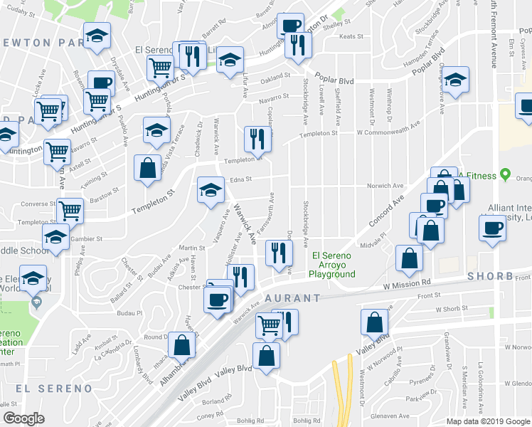 map of restaurants, bars, coffee shops, grocery stores, and more near 3172 Farnsworth Avenue in Los Angeles