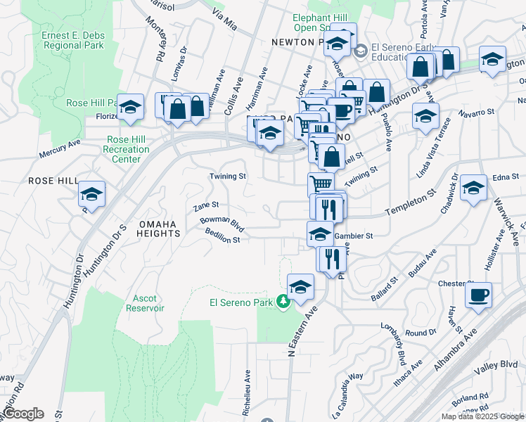 map of restaurants, bars, coffee shops, grocery stores, and more near 4760 Templeton Street in Los Angeles