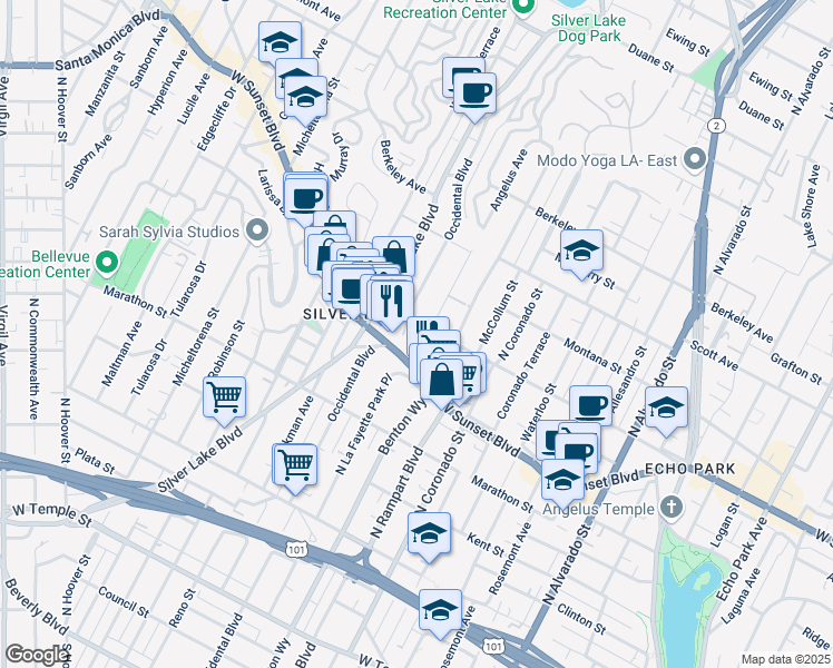 map of restaurants, bars, coffee shops, grocery stores, and more near 1315 Angelus Avenue in Los Angeles