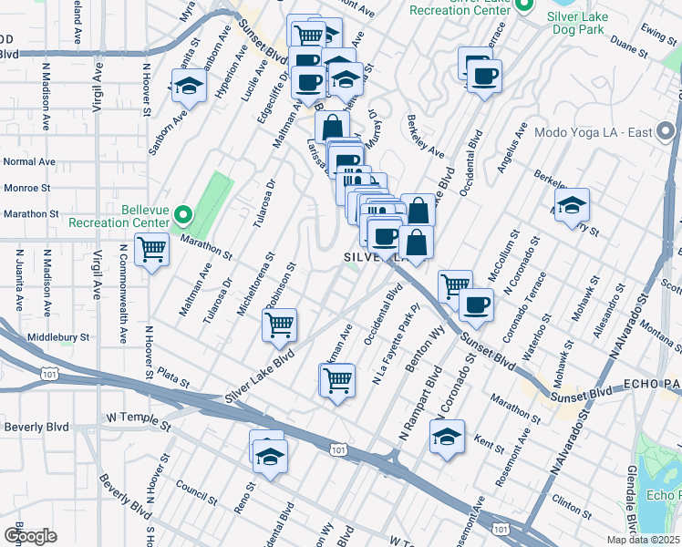 map of restaurants, bars, coffee shops, grocery stores, and more near in Los Angeles