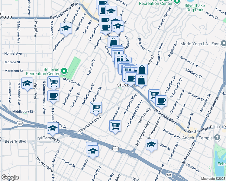 map of restaurants, bars, coffee shops, grocery stores, and more near 3300 Descanso Drive in Los Angeles