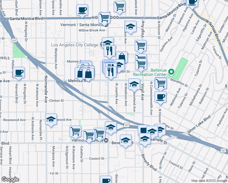 map of restaurants, bars, coffee shops, grocery stores, and more near in Los Angeles