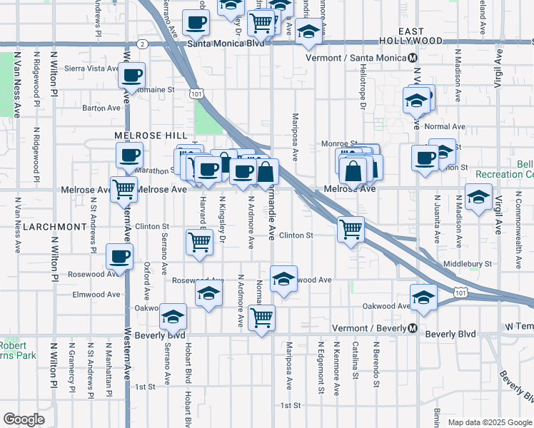 map of restaurants, bars, coffee shops, grocery stores, and more near in Los Angeles