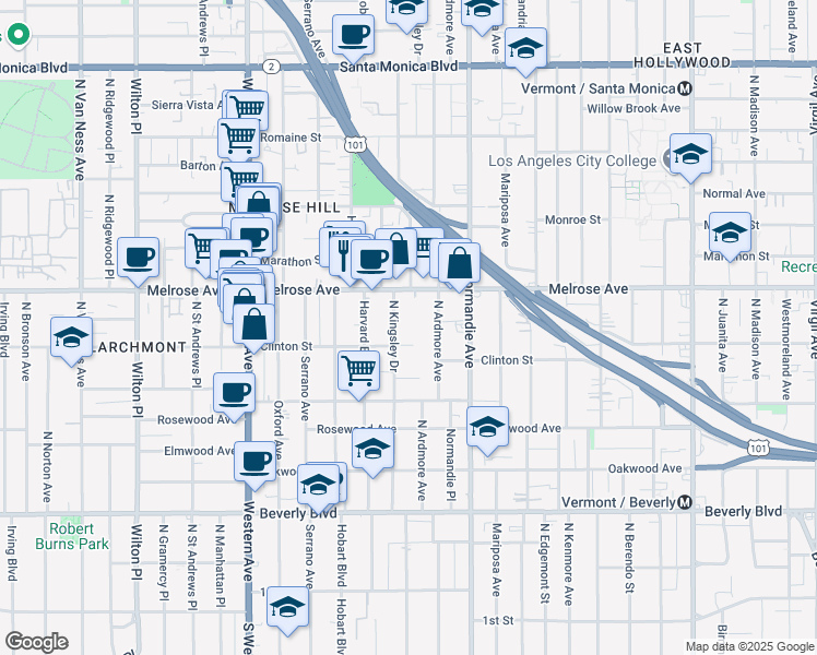 map of restaurants, bars, coffee shops, grocery stores, and more near in Los Angeles