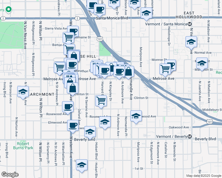 map of restaurants, bars, coffee shops, grocery stores, and more near in Los Angeles