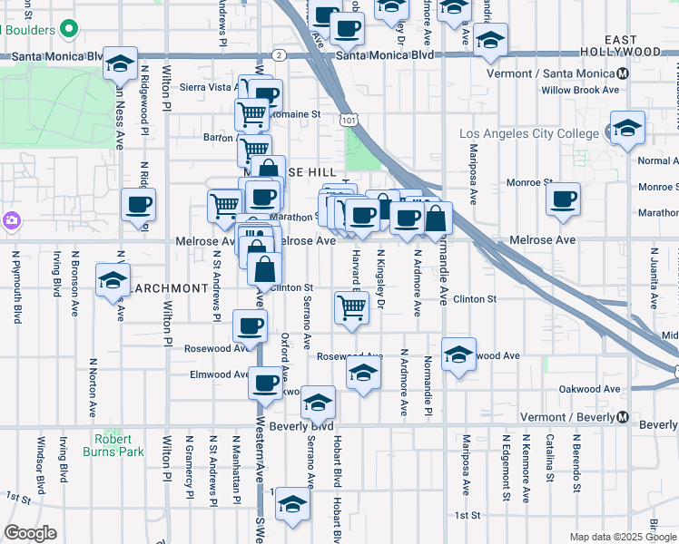 map of restaurants, bars, coffee shops, grocery stores, and more near in Los Angeles