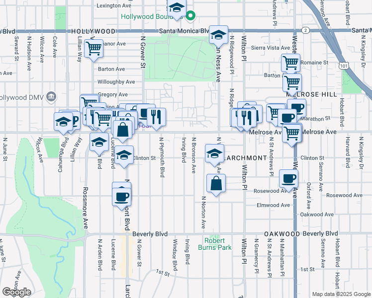 map of restaurants, bars, coffee shops, grocery stores, and more near 646 North Irving Boulevard in Los Angeles