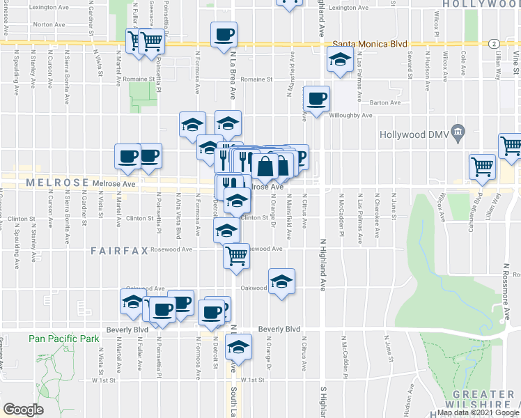 map of restaurants, bars, coffee shops, grocery stores, and more near 636 North Sycamore Avenue in Los Angeles