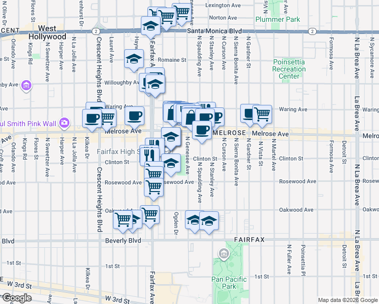 map of restaurants, bars, coffee shops, grocery stores, and more near 632 North Genesee Avenue in Los Angeles