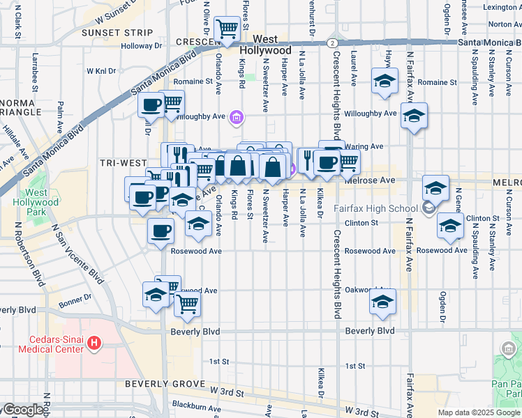 map of restaurants, bars, coffee shops, grocery stores, and more near in Los Angeles