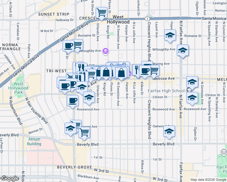 map of restaurants, bars, coffee shops, grocery stores, and more near in Los Angeles