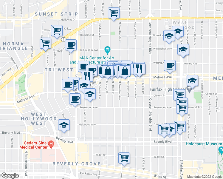 map of restaurants, bars, coffee shops, grocery stores, and more near 628 North Flores Street in West Hollywood