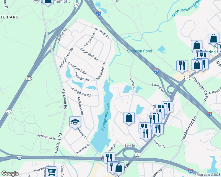 map of restaurants, bars, coffee shops, grocery stores, and more near 140 Springwoods Lake Point in Columbia
