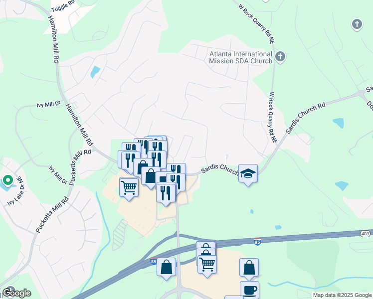 map of restaurants, bars, coffee shops, grocery stores, and more near 2685 Sardis Chase Court in Buford