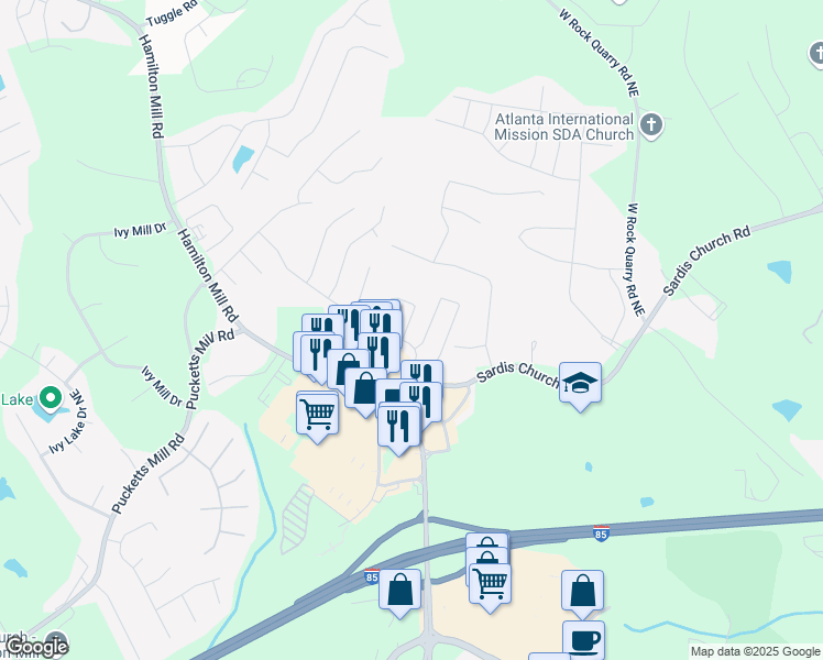 map of restaurants, bars, coffee shops, grocery stores, and more near 3472 Sardis Bend Drive in Buford