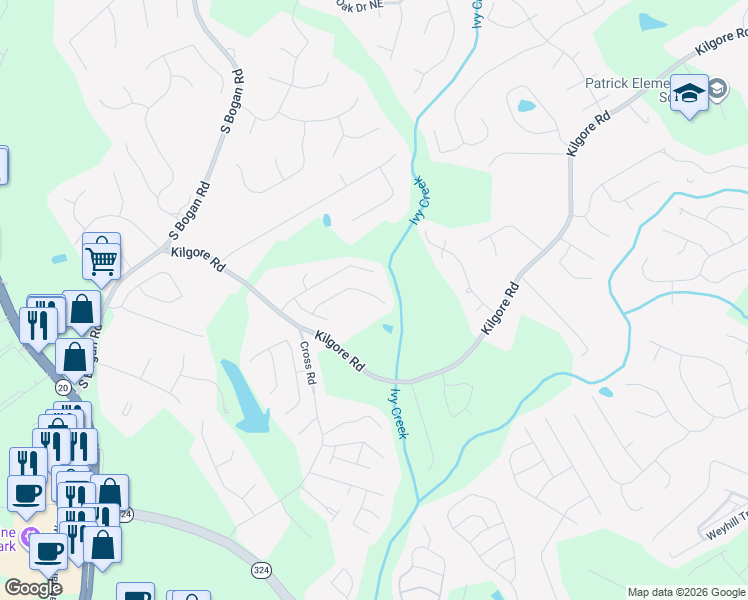 map of restaurants, bars, coffee shops, grocery stores, and more near 2449 White Alder Drive Northeast in Buford
