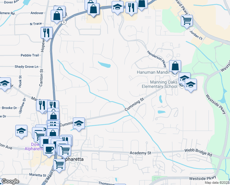 map of restaurants, bars, coffee shops, grocery stores, and more near 160 Jayne Ellen Way in Alpharetta