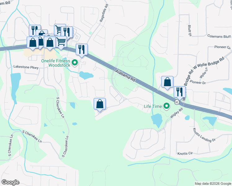 map of restaurants, bars, coffee shops, grocery stores, and more near 313 Glens Way in Woodstock