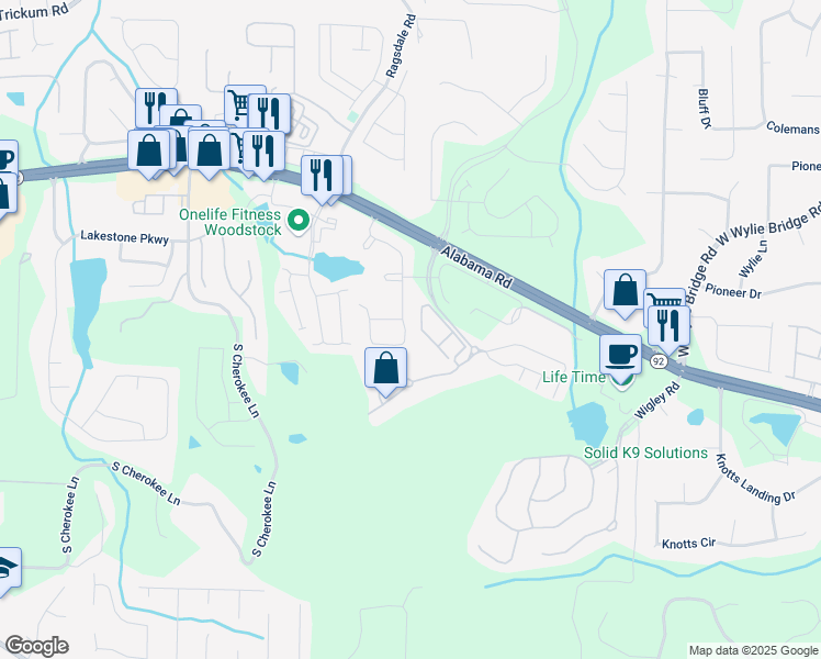map of restaurants, bars, coffee shops, grocery stores, and more near 155 Marlow Drive in Woodstock