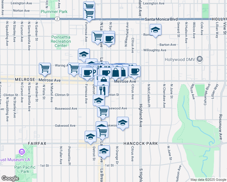 map of restaurants, bars, coffee shops, grocery stores, and more near 612 North Sycamore Avenue in Los Angeles