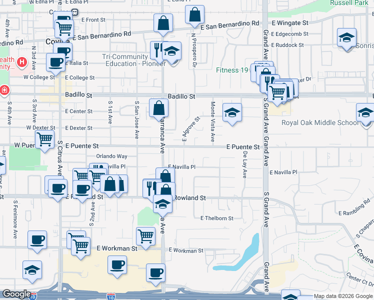 map of restaurants, bars, coffee shops, grocery stores, and more near 406 Lowell Street in Covina