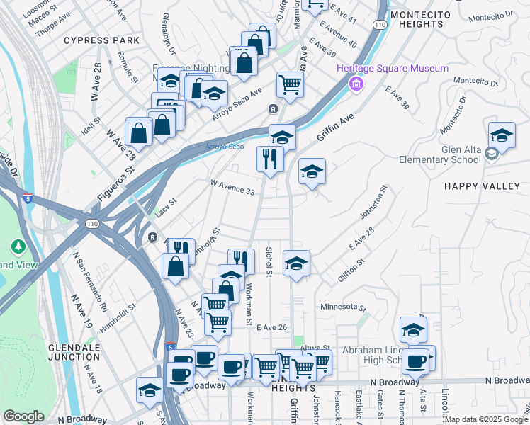 map of restaurants, bars, coffee shops, grocery stores, and more near 3210 Pasadena Avenue in Los Angeles
