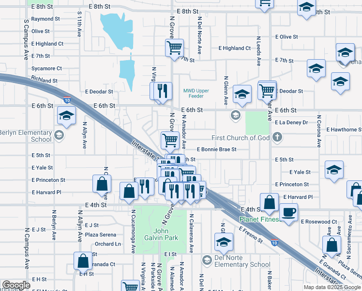 map of restaurants, bars, coffee shops, grocery stores, and more near 1360 North Grove Avenue in Ontario