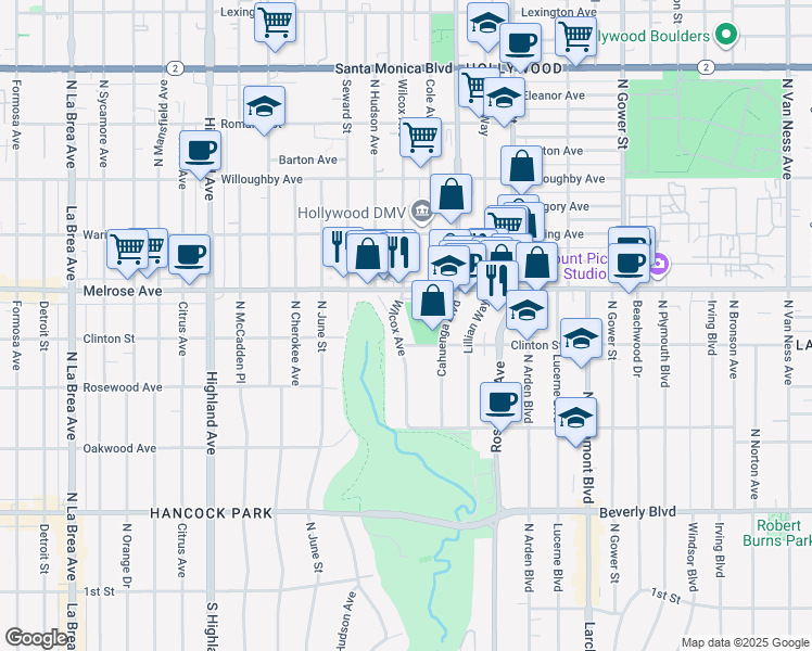 map of restaurants, bars, coffee shops, grocery stores, and more near Wilcox Avenue in Los Angeles