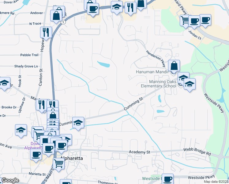 map of restaurants, bars, coffee shops, grocery stores, and more near 160 Jayne Ellen Way in Alpharetta