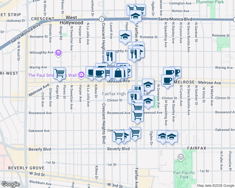 map of restaurants, bars, coffee shops, grocery stores, and more near 623 North Edinburgh Avenue in West Hollywood