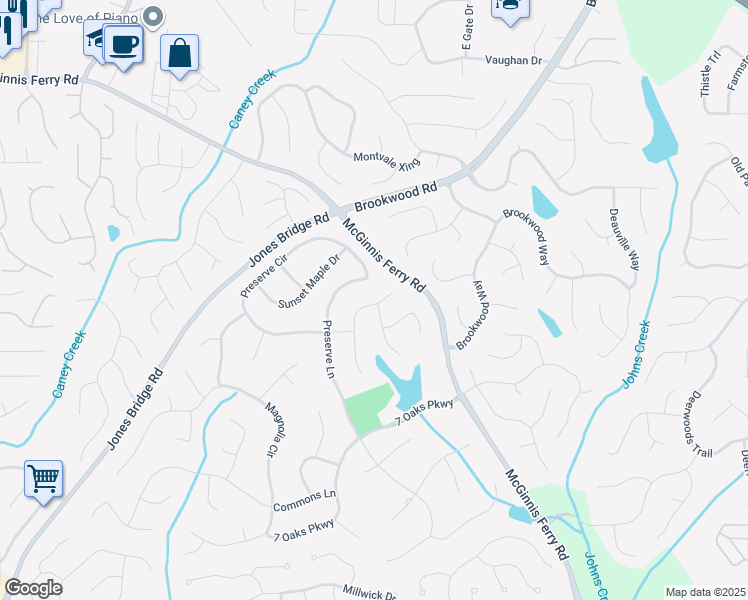 map of restaurants, bars, coffee shops, grocery stores, and more near 410 Brightmore Downs in Alpharetta