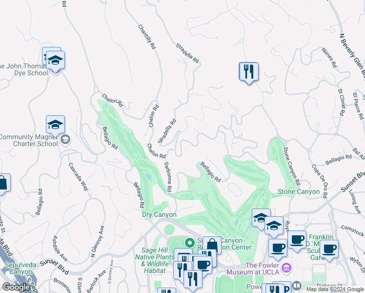 map of restaurants, bars, coffee shops, grocery stores, and more near 10770 Chalon Road in Los Angeles
