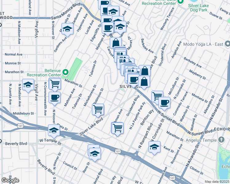 map of restaurants, bars, coffee shops, grocery stores, and more near 3300 Descanso Drive in Los Angeles