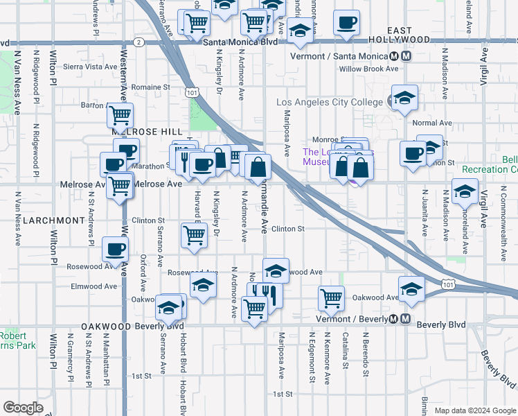 map of restaurants, bars, coffee shops, grocery stores, and more near 2 Normandie Avenue in Los Angeles