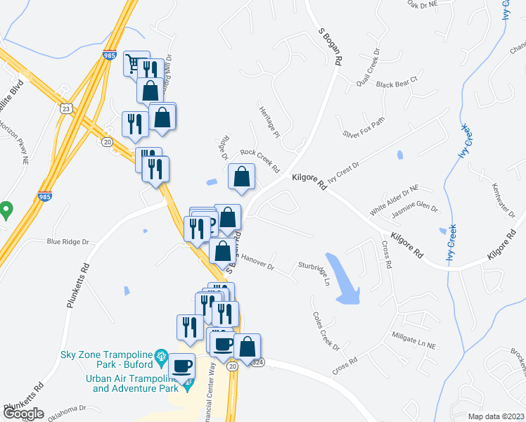 map of restaurants, bars, coffee shops, grocery stores, and more near 1945 Harvest Ridge Circle Northeast in Buford